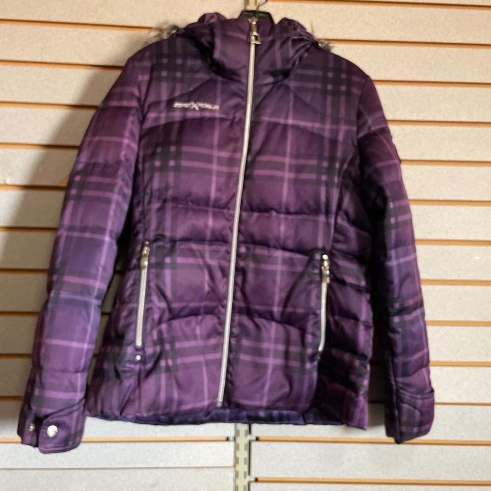 ZeroXposur Womens Purple Plaid Puffer Jacket Faux Fur Hood Aubergine M 937909